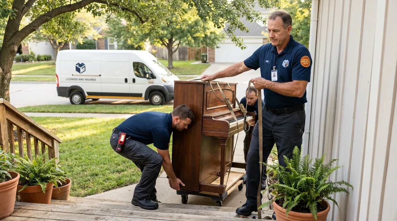 Licensed piano movers securing grand piano in Maryland Heights, MO