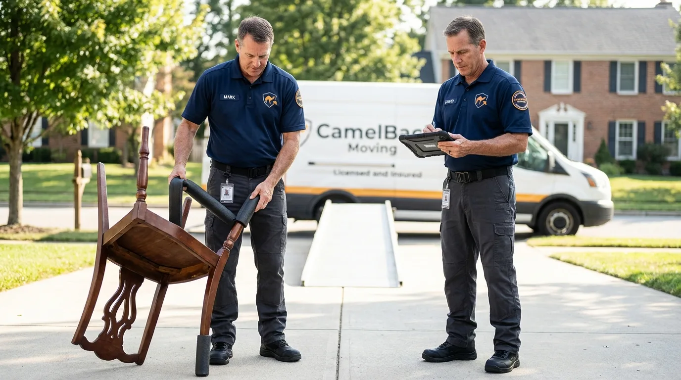 Movers inspecting furniture for damage prevention before loading in Maryland Heights, MO