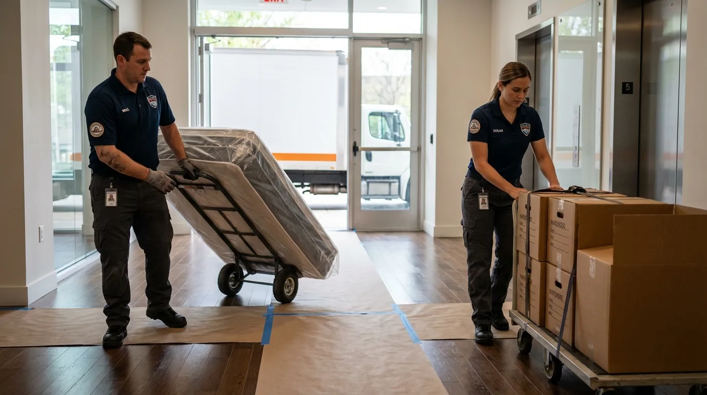 Professional apartment movers loading elevator in Maryland Heights, MO