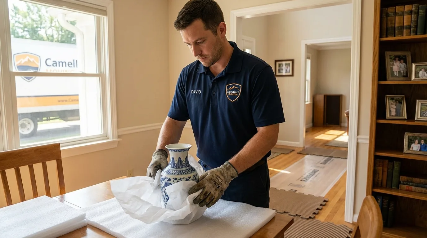 Professional crew carefully wrapping antique vase for senior downsizing move in Maryland Heights, MO